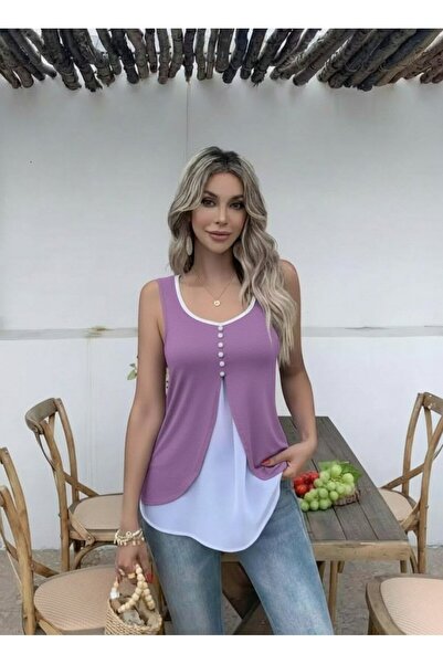 modi Women's Strappy Front Buttoned Asymmetrical Detailed Two-Tone Viscose Bl...