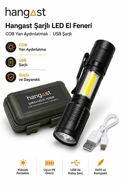 HANGAST Şarjlı LED El Feneri 2500 Lumens COB Yan Aydınlatmalı 5w USB Şarjlı G...