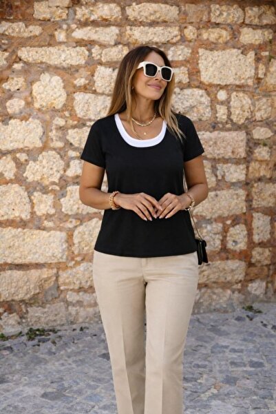 Veraura Lifestyle Women's Short Sleeve Round Neck Double Color Viscose Blouse