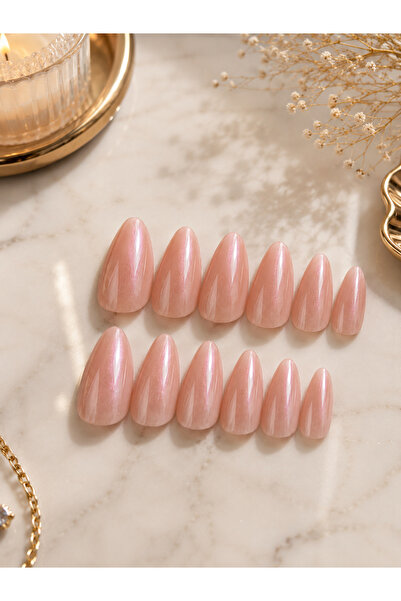 Pearl Glow Cat Eye Press-On Nails – Doğal Pembe Efektli Badem Takma Tırnak