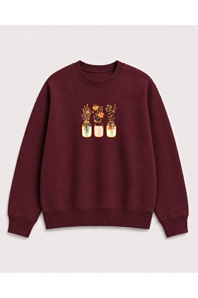 herkesemoda Jar Flower Print Detailed Embroidered 2 Thread Crew Neck Sweatshirt