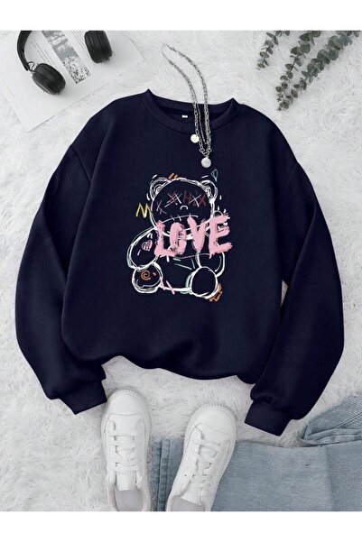 herkesemoda Love Bear Printed 2 Thread Threaded Crew Neck Sweatshirt