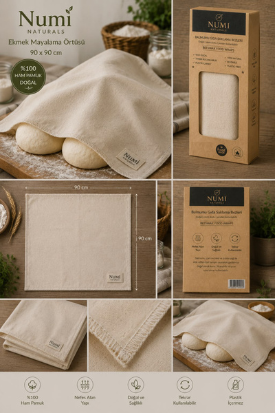 NUMI Naturals %100 Doğal Ham Pamuk Ekmek Mayalama Örtüsü 90x90 cm – Nefes Alan Mayalama Bezi