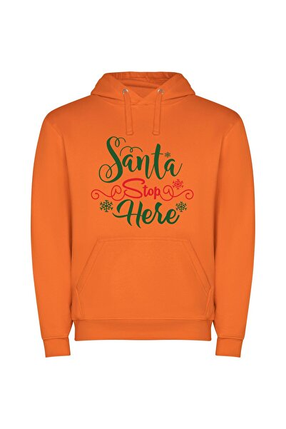 iLovePrints Merry Santa Stop Here Φούτερ με κουκούλα σε χρώμα Πορτοκαλί