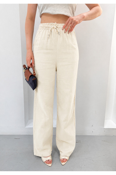 NEW JOURNAL Women's Cream High Waist Lace-Up Muslin Trousers Sr5200