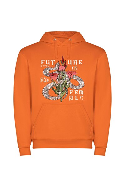 iLovePrints Floralpunk Silk Screen Art Φούτερ με κουκούλα σε χρώμα Πορτοκαλί