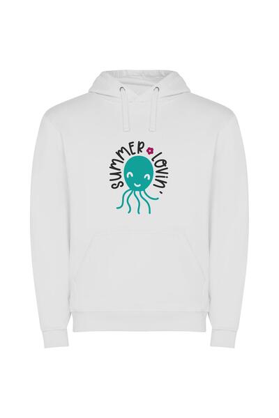 iLovePrints Summer's Floral Octopus Bliss Φούτερ με κουκούλα σε χρώμα Λευκό