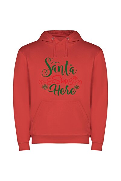 iLovePrints Merry Santa Stop Here Φούτερ με κουκούλα σε χρώμα Κόκκινο