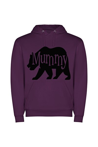 iLovePrints Mummy Bear: Elegant Monochrome Φούτερ με κουκούλα σε χρώμα Μωβ