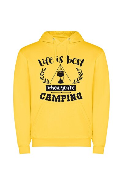 iLovePrints Camping: True Life Experience Φούτερ με κουκούλα σε χρώμα Κίτρινο