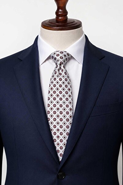 Kravatkolik White Burgundy Motif Pattern Italian Silk Tie İk2532