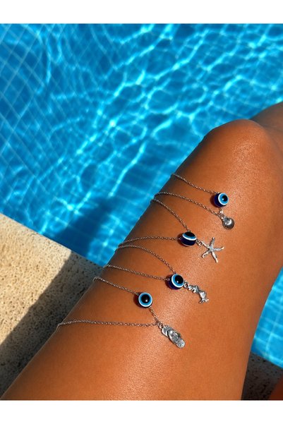 Pinky Lady Minimal Mermaid Evil Eye Bead Necklace with Steel Chain