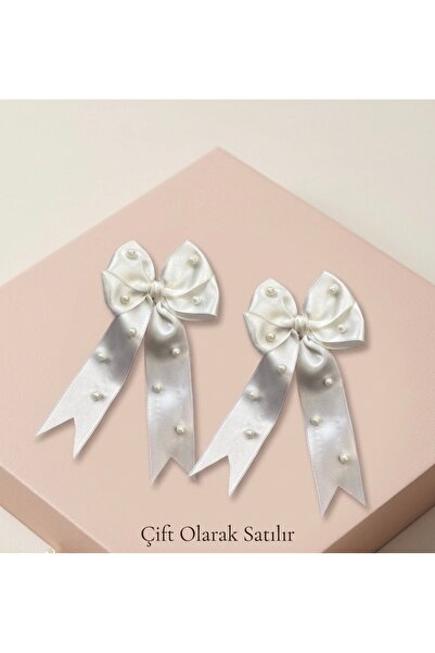 Çınar Aksesuar Set of 2 White Satin Bow Children's Hair Clips with Pearl Deta...