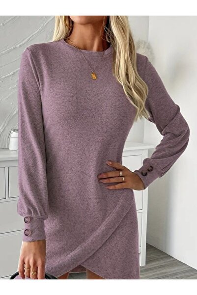 Veraura Lifestyle Women's Long Sleeve Crew Neck Mini Soft Dress with Asymmetr...