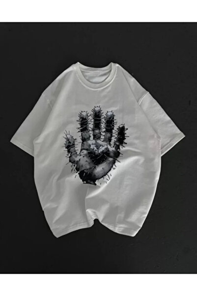 MODA ŞEHRİ Unisex bicycle collar printed oversize t-shirt - white