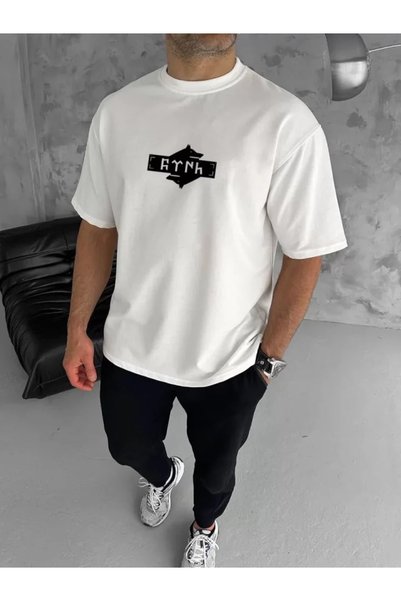 Generic Brand Tricou unisex cu gât rotund, imprimat, dublu oversize - Alb