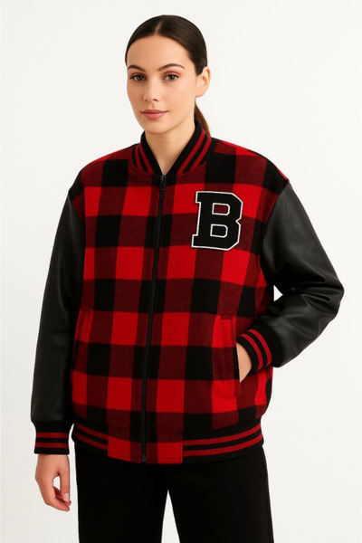 pazarella Lumberjack College Jacket with Faux Leather Sleeves and Lining - Cl...