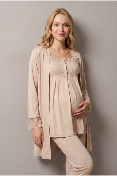 Pelin Women's Beige Sleeveless Lace Detailed Maternity Pajama Set with Nursing Detail and Dressing Gown