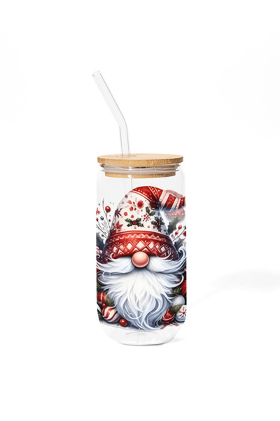 Pahar Cana din sticla cu capac din bambus - Dwarf de Crăciun I