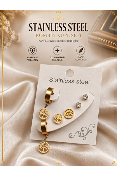 karmabijuteriaksesuar Stainless Steel 6-Piece Combination Earring Set Gold Wo...