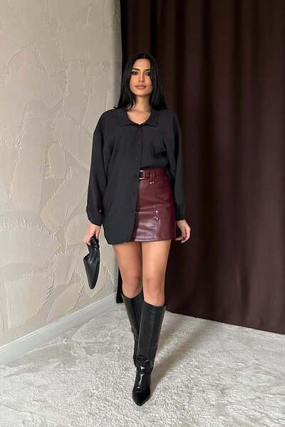 Moda Days قميص نسائي أسود فضفاض بأكمام طويلة وياقة وأزرار ونسيج مسطح