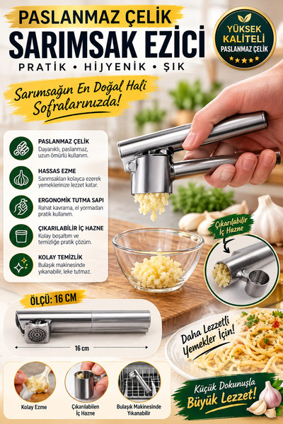Ufak Tefek Şeyler Stainless Steel Garlic Crusher 16 cm Ergonomic Garlic Press...