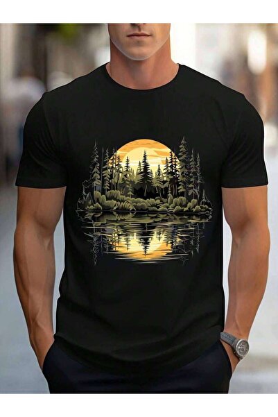 2BIR Men's Navy Blue Graphic T-Shirt With Forest Lake Sunset Pine Tree Print ...