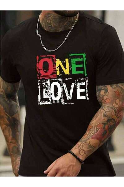 LİNA06 تي شيرت رجالي بتصميم "One Love" - قميص أسود كاجوال بأكمام قصيرة مع طبا...