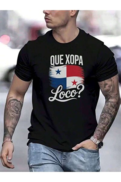 135 علم بنما للرجال "Que Xopa Loco?" تي شيرت بتصميم جرافيك - أسود بأكمام قصير...