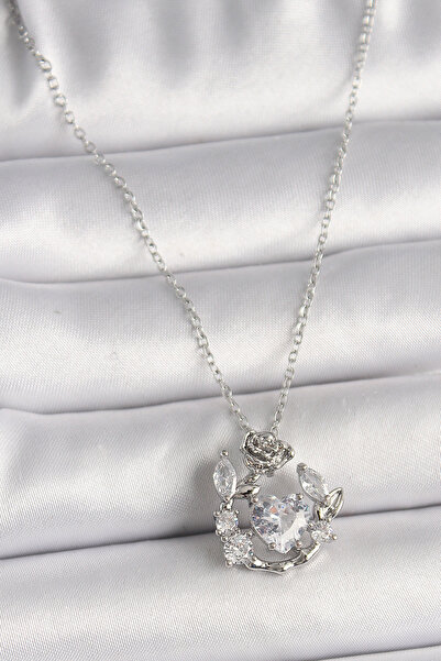 Generic Brand 316L Steel Silver Color Chain Zircon Stone Heart Figure Rose De...