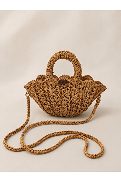 Handmade El Yapımı Hasır Kağıt İp Kadın Mini Omuz ve El Çantası – Camel Renk,...