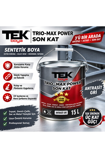 TEK BOYA Trio-Max Power 3'ü Bir Arada Sentetik Çatı Sacı Boyası ANTRASİT (Ant...