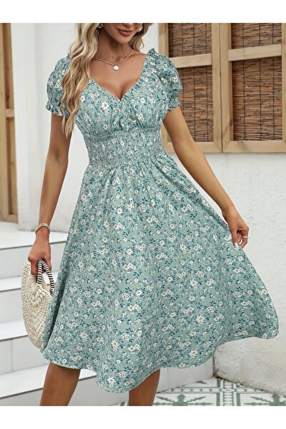 Wear Up Γυναικείο κοντομάνικο φόρεμα με διπλό γιακά με ελαστική μέση με λουλο...