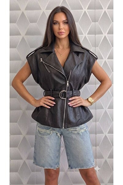 OnlyForYou Vestă Damă din Piele Ecologică Premium – Vestă Biker cu Curea în T...
