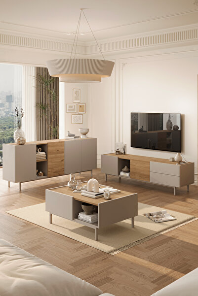 Yurudesign Sedra Tv Ünitesi Orta Sehpa Konsol 3'Lü Set Ahşap Ayaklı Sepet-Kum...