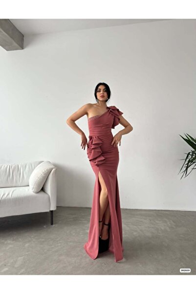 Modafeminen One-Shoulder Ruffle Detailed Slit Evening Dress Gülkurusu 582859