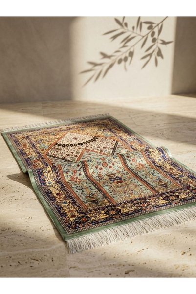 Reis 160 Tarak Bambu İpek İran Halı Seccade Yeşil (125x80 cm) - El İşçiliği Saçaklı Vazolu Desen