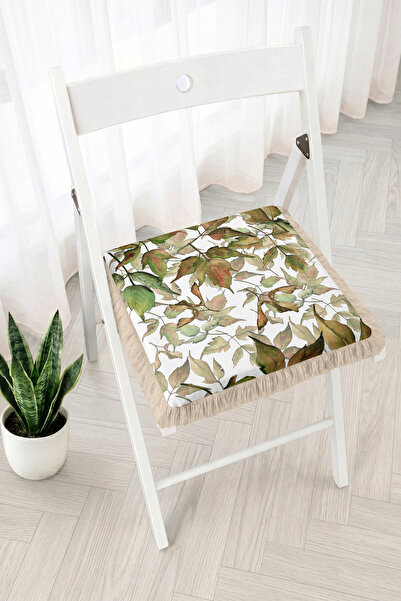 Realhomes Watercolor Leaf and Branch Pattern Fringed Zippered Chair Cushion -...