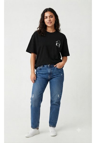 Lideral Unisex Black Homer Simpson Printed Oversize Fit Crew Neck Premium T-Shirt with Chest Detail