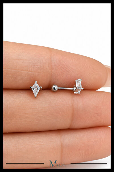 MAZEN Baklava Kesim Taş Tragus Piercing Çelik Gümüş Renk Minimal Zirkon Taşlı