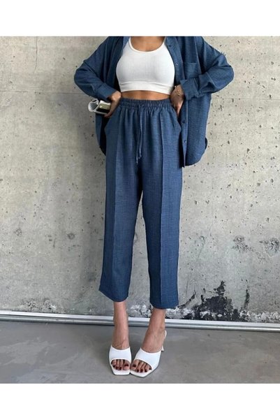 ginger love Set cămașă și pantaloni oversize cu buzunare duble pentru femei – Indigo