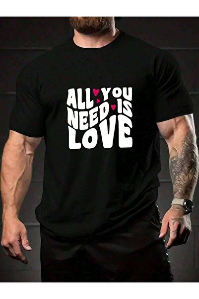 9JY تي شيرت رجالي بأكمام قصيرة وطباعة جرافيكية بعبارة "ALL YOU NEED IS LOVE" ...