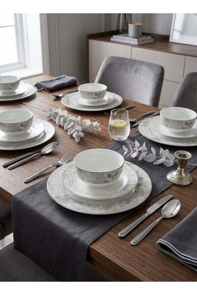 Trust 18-Piece Porcelain Dinner Set Grey/Silver, 6pcs Dinner Plate 10.5 inch, 6pcs Side Plate 7.5 inch, 6pcs Bowl 5.5 inch