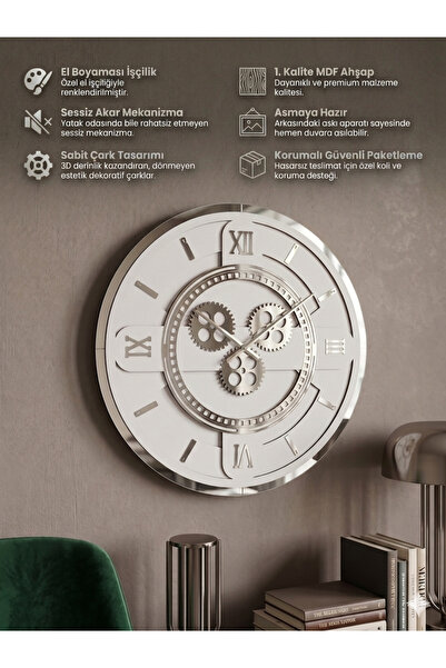 Ronson Modern Çark Detaylı Duvar Saati 40x40 cm Beyaz MDF Gümüş Aynalı Pleksi...