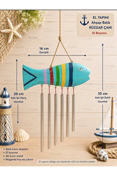 WoodBay El Yapımı Ahşap Balık Rüzgar Çanı 35 cm – Metal Çanlı Dekoratif Balko...
