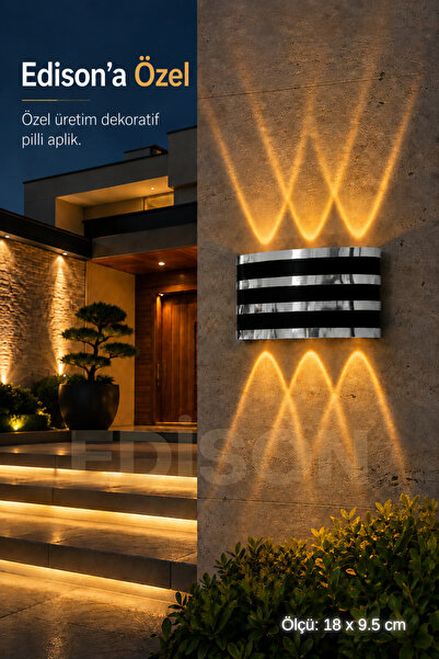 Edison Pilli LED Duvar Apliği Gümüş Şeritli Dekoratif Amber Aplik Kablosuz Mo...