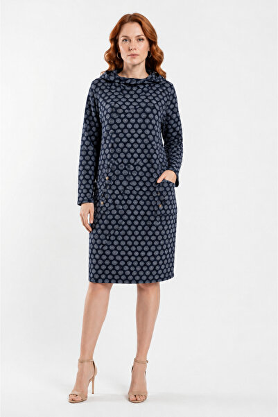Neden Tekstil Women's Navy Blue Hooded Patterned Comfortable Dress
