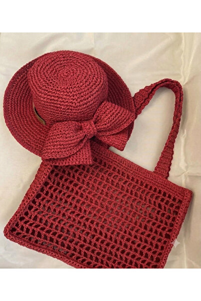MEGAHAN BOUTIQUE Hand-Knitted Paper Ip Bag Hat Set, Beach Bag Hat Set, Handmade