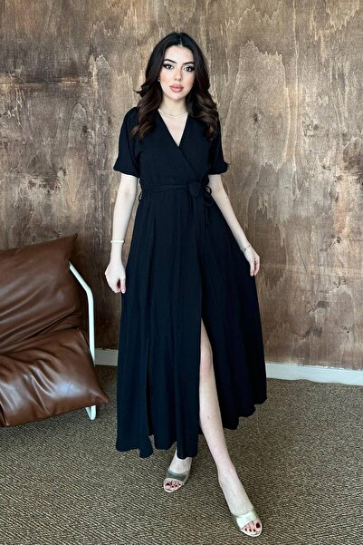 Clothes Fast Women's Black Double Breasted Collar Belted Slit Short Sleeve Mu...