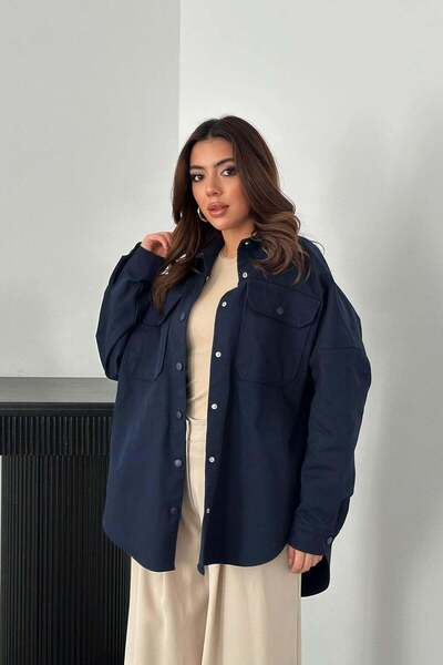 Clothes Fast Women's Navy Blue Gabardine Shirt Oversized Cut Long Sleeve Doub...